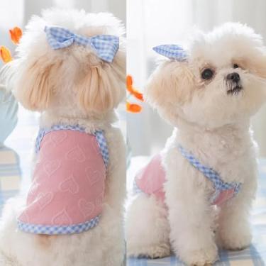 Imagem de Regata para roupas de cachorro, estampa de coração com colete de laço, suspensórios de verão com laço, camisa de corte de pano para filhotes (rosa, pequeno)