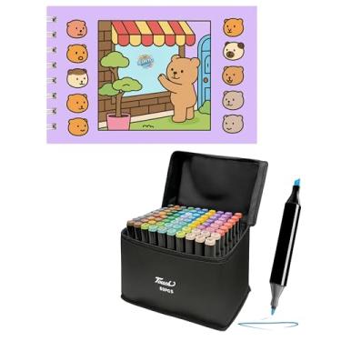 Imagem de Livro Colorir com Canetinhas Kit Livro De Pintura Lilás + 80 Canetas Ponta Dupla Marcadora Canetinhas para Colorir Capa Dura Holográfica com Acetato 50 desenhos A5