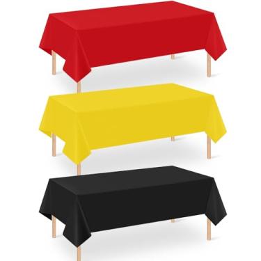 Imagem de 3 toalhas de mesa de plástico vermelhas pretas amarelas a granel, 137 x 272 cm, descartável, retangular, toalha de mesa de festa, capa de mesa à prova d'água para meninos, aniversário, casamento