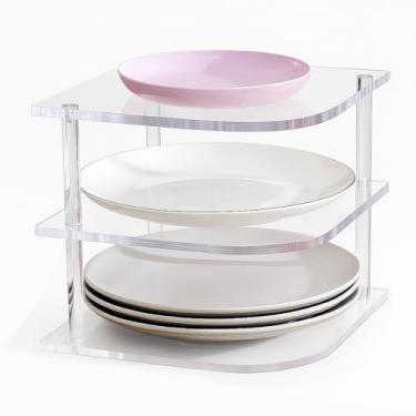 Imagem de Vicenpal Organizador de pratos para armário, prateleira de canto de acrílico transparente para tigelas de pratos, rack de canto para balcão de cozinha, organizador de armário de cozinha de 3 camadas