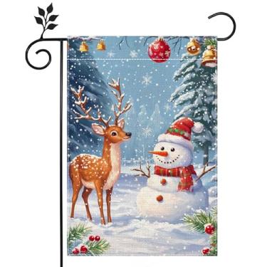 Imagem de Bandeira de jardim de boneco de neve de inverno para exterior de rena de Natal floco de neve bandeira de quintal de boas-vindas 30 x 46 cm serapilheira dupla face bandeira de férias casa de fazenda