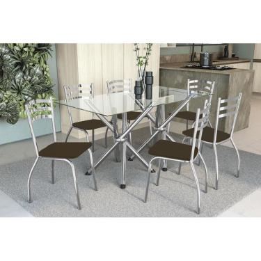 Imagem de Sala de Jantar Completa Volga c/ Tampo de Vidro 150x80cm e 6 Cadeiras Portugal Cromado/...
