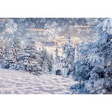 Imagem de Laeacco Pano de fundo de castelo de inverno de 3 x 2,4 m, floresta de neve, país das maravilhas branco, castelo de gelo, neve, fotografia de fundo para princesas, meninas, aniversário, casamento, chá