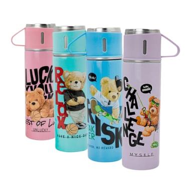 Imagem de Garrafa Térmica Inox 500ml com 3 Xícaras, Estampa Urso Decorativa, Conjunto Colorido