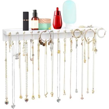 Imagem de YYILIS Suporte de colar, organizador de colar de parede com 30 ganchos montado na parede com bandeja de joias/prateleira de cosméticos, suporte rústico de madeira de pinho para colares e pulseiras