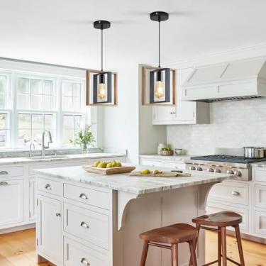 Imagem de Pacote com 2 luminárias pendentes de casa de fazenda, luzes pendentes pretas de ilha de cozinha, luminária suspensa de metal industrial e madeira vintage, lâmpada de teto rústica de altura ajustável