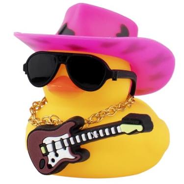 Imagem de Wonuu Ornamentos de pato de borracha para carro, guitarra, pato, acessórios legais, decorações de painel com colar de chapéu de cowboy e óculos de sol, rosa e preto