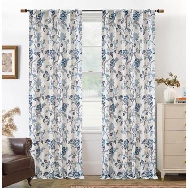 Imagem de DriftAway Cortinas Ada com estampa botânica floral forrada com folhas com isolamento térmico, mistura de linho, 100% blackout nas costas, 2 camadas, conjunto de 2 painéis cada, 132 x 213 cm, azul