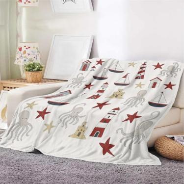 Imagem de Cobertor náutico – Lindo farol de polvo e vela de lã para sofá-cama | Cobertor macio leve para decoração de quarto de meninos e meninas (75 x 99 cm)