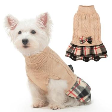 Imagem de BEAUTYZOO Suéter para meninas, suéter de tricô para cães pequenos - pulôver de gola rolê com saia xadrez e gravata borboleta, vestido de malha quente para clima frio inverno e Natal, cáqui