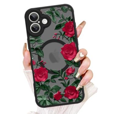 Imagem de AIGOMARA Capa floral para celular 2025 [compatível com MagSafe] Padrão de flor rosa vermelha com capa de telefone fosca semitransparente para mulheres Gilrs TPU macio e PC capa protetora traseira fina