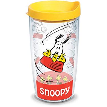 Imagem de Tervis Peanuts - Copo isolado Snoopy com envoltório e tampa amarela pacote com 4 - Caixa, 473 g, transparente