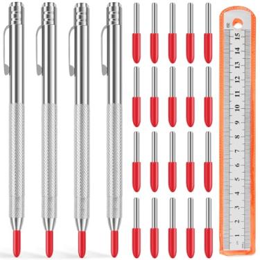 Imagem de FALESOUL Conjunto de ferramentas de escrita de carboneto de tungstênio e caneta de gravação, pacote com 4 pontas de marcação bônus e régua de aço, caneta de gravação para vidro/cerâmica/folha de metal