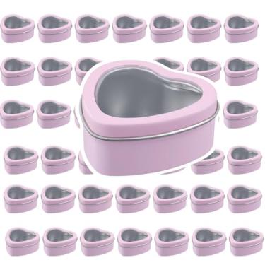 Imagem de MOUYAT 40 peças de latas de metal em forma de coração de 59 ml com tampas de janela transparentes, lata vazia de folha de flandres para doces de festa, caixa de armazenamento para presentes, tesouros