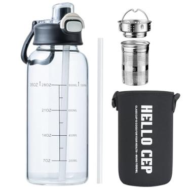 Imagem de wangsdjy Garrafa de água de vidro de 1000 ml com canudo e alça, garrafas de água de vidro à prova de vazamento sem BPA com coador de chá de aço inoxidável e manga protetora para viagens, academia