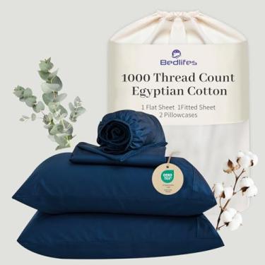 Imagem de Bedlifes Lençóis de algodão egípcio 1000 fios California King Size, 4 peças de bolso profundo de 40,6 cm - Roupa de cama ultramacia refrescante e respirável para conforto do hotel (azul marinho)