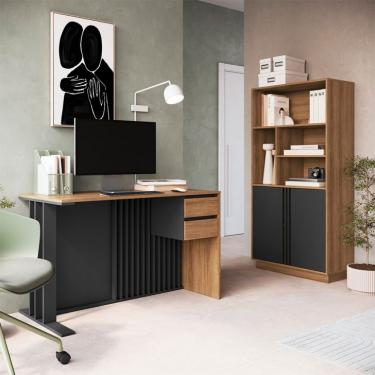 Imagem de Conjunto de Escrivaninha Salir 2 Gavetas com Armário de Escritório Office com Nichos 2 Portas Mel e Grafite