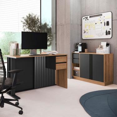 Imagem de Conjunto de Escrivaninha Salir 2 Gavetas com Armário de Escritório Office 2 Portas 2 Gavetas Mel e Grafite