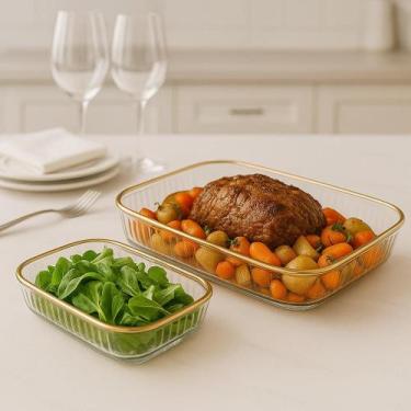 Imagem de Bandeja de Acrilico com Borda Dourada Redonda ou Retangular - Kit 2 Pe