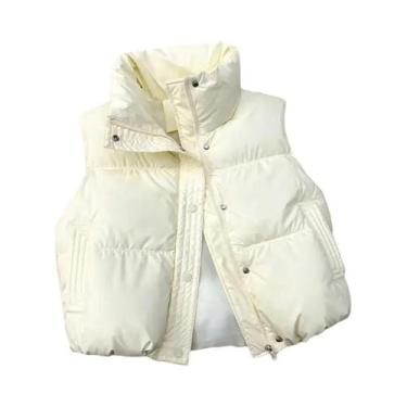 Imagem de Colete Feminino Casual Quente Sem Mangas Em PU Com Gola Alta E Botões,