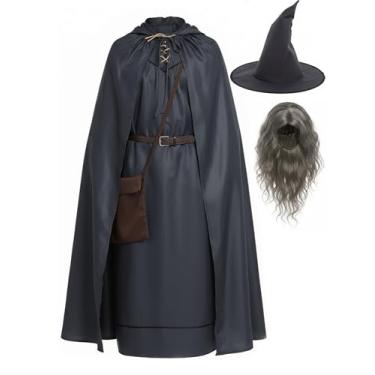 Imagem de POEWAUVE Fantasia masculina de bruxo de Halloween, roupão cinza com peruca para festa de cosplay de Halloween, Conjunto completo, M