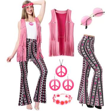 Imagem de MOLLDAN Conjunto de calça rodada retrô hippie para festa de Halloween dos anos 60 e 70 anos 60 anos, Rosa - 02, M