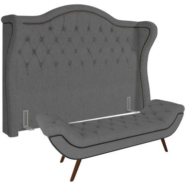 Imagem de Kit Cabeceira Cama Box Lisboa 140 Cm com Puff Recamier Santorini Linho Cinza Escuro - Lyam Decor