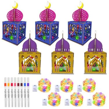Imagem de 6 kits de artesanato Eid Mubarak para crianças, kit de mesquita de madeira do Ramadã para construir e pintar casas de madeira do Ramadã Mubarak, projetos de arte, kits de pintura a granel para