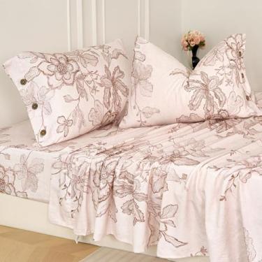 Imagem de Zusbest Jogo de lençol California King, floral, rosa, 400 fios, 100% algodão, tipo flanela, quente, luxuoso, botão, 4 peças, escovado, extra macio, respirável, vintage, com bolso profundo