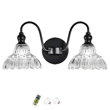Imagem de Conjunto de dois apliques de parede, luminárias de parede sem fio operadas por bateria, luminária de parede de vidro moderna, com controles remotos e lâmpadas LED reguláveis, arandelas inter