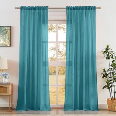 Imagem de Anpark Cortinas transparentes azul-petróleo 163 cm de comprimento para quarto, sala de estar, cortinas semitransparentes de algodão e linho com filtro de luz, cortinas de voile de privacidade natural