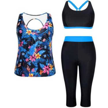Imagem de Fatos de banho Yonique de 3 peças Plus Size Tankini Blue Floral 18+