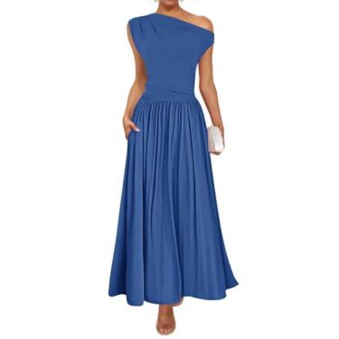 Imagem de Vestido maxi ZESICA Summer 2025 de um ombro azul para mulheres