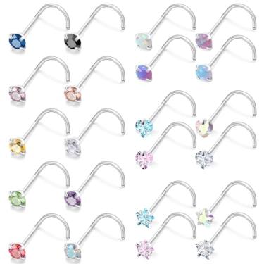 Imagem de Pnsgisr 20/18 g Anéis de nariz retos / L/rolhas em forma de saca-rolhas piercings joias para mulheres aço cirúrgico hipoalergênico, 20g*1/4in*3mm, Metal, Zircônia cúbica