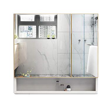 Imagem de Espelhos de banheiro montados na parede com armário 2 portas banheiro armário espelho de armazenamento com prateleira HD para maquiagem (branco 60 * 62 cm)