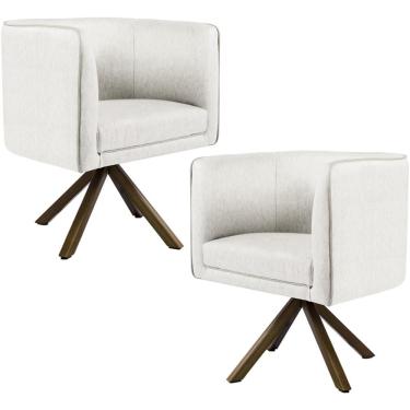 Imagem de Kit 02 Poltronas Decorativa Base Giratória de Madeira Betina D02 Linho Bege C-443 - Lyam Decor