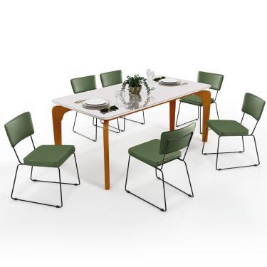 Imagem de Mesa De Jantar Capri 160cm Off White Nature Com 6 Cadeiras Allana B05 Facto Verde Musgo - Lyam Decor