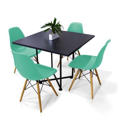 Imagem de Kit 04 Cadeiras Eiffel Azul Turquesa e 01 Mesa de Jantar 04 Lugares Jade 90 cm Preto Base Metálica Industrial Preto - D'Rossi