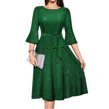 Imagem de Vestido de manga comprida de Natal verde com lantejoulas HomeRain para