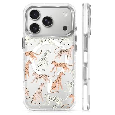 Imagem de casesok Capa para iPhone 17 Pro compatível com Magsafe, design estético claro bonito para meninas e mulheres, capa rígida protetora antiqueda para iPhone 17 Pro-Cheetah Parade