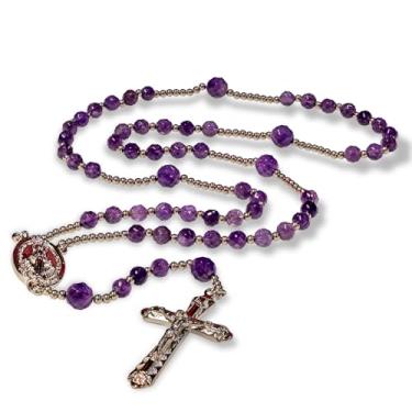 Imagem de Terço de Nossa Senhora Católico para Mulheres, Medalha Milagrosa Original Ametista e Rosário de Aço Inoxidável, Pedra Preciosa, Ametista, Gema, Ametista
