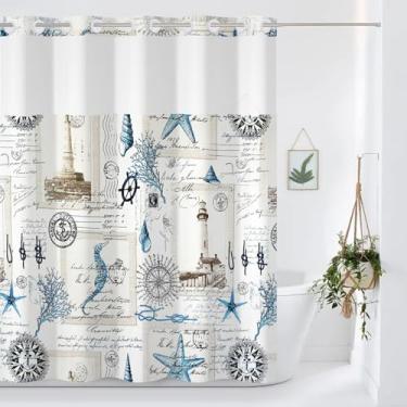 Imagem de Yanutan Cortina de chuveiro sem gancho, cortina de chuveiro náutica de camada única sem gancho, cortina de banho vintage com tema costeiro do oceano com malha transparente, 180 x 188 cm