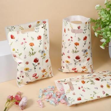 Imagem de 100 peças de sacolas de presente florais, vintage de flores silvestres, reutilizáveis, sacolas de lembrancinhas de festa de plástico silvestre para embrulhar presentes para casamento, aniversário, chá