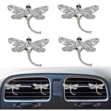 Imagem de 4 peças de clipes de ventilação de purificador de ar libélula de cristal de strass brilhante, acessórios de clipes de ventilação de purificadores de ar de carro, difusor de carro recarregável