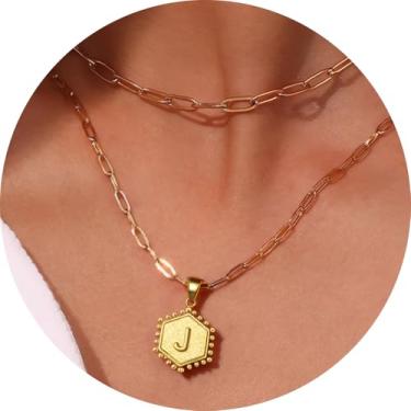 Imagem de Colar feminino com inicial em camadas, aço inoxidável banhado a ouro 18K, pingente de clipe de papel duplo A a Z, conjunto de duas correntes destacáveis, 16.5in/ 14+2in, Aço inoxidável, Sem Pedra