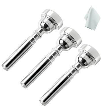 Imagem de Kuylive Conjunto de bocal de trompete 3C 5C 7C com pano de limpeza, bocal trompeta para iniciantes e profissionais, pacote com 3 acessórios de trompete (prata)