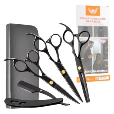 Imagem de Kit 3 Tesouras Profissional, 6.0, Fio Navalha, Fio Laser, Desfiadeira + Navalhete + Pentes e Estojo, Barbeiro, Cabelereiro, Corte de Cabelo, Aço Inox, Original (Preto)