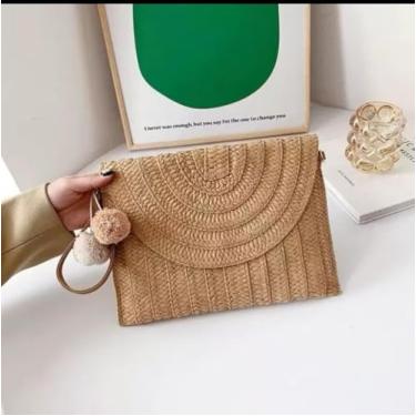 Imagem de Bolsa de Palha Pequena Acessório De Verão Praia Piscina Alça Transversal Caramelo