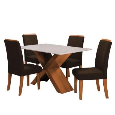 Imagem de Conjunto Mesa De Jantar 1,36m Com Tampo De Vidro E 4 Cadeiras Grécia - Dobuê - Madeirado/Chocolate