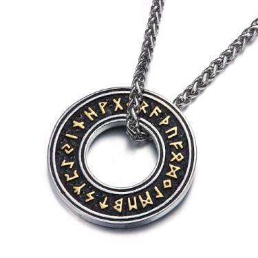 Imagem de Colar unissex nórdico viking de aço inoxidável, design exclusivo de círculos vazados, pingente de runas, joia de amuleto para homens e mulheres - prata/ouro prateado, 24inches, Aço inoxidável, Sem